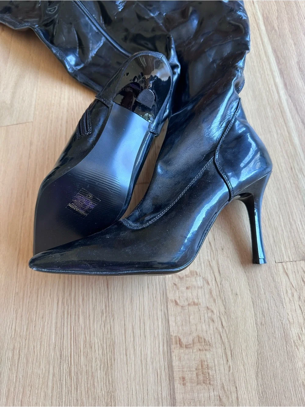 Black Patent Over-the-Knee Pointed-Toe Stiletto Boots